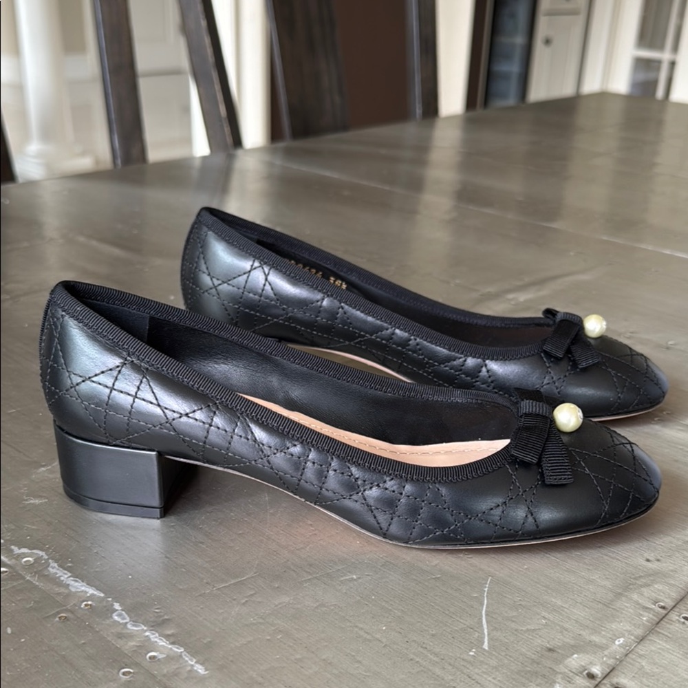 Dior Black Quilted Flats with Pearl Detail